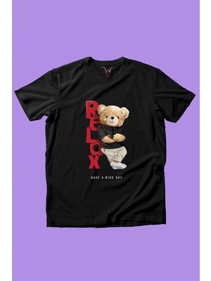 Widi Relax Ayı Tedy Sevimli Cool Ayıcık Baskılı %100 Pamuk Erkek Çocuk Kız Çocuk Siyah T-Shirt