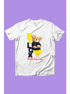 Widi Sevimli Relax Tedy Ayı Baskılı %100 Pamuk Kız Çocuk Erkek Çocuk Beyaz T-Shirt