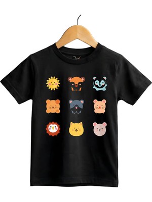 Widi Sevimli Hayvan Yüzleri Baskılı Regular Fit %100 Pamuk Kısa Kollu Çocuk T-Shirt