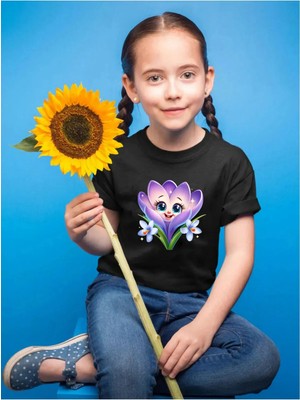 Widi Sevimli Renkli Çiçek Baskılı Regular Fit %100 Pamuk Çocuk Siyah T-Shirt