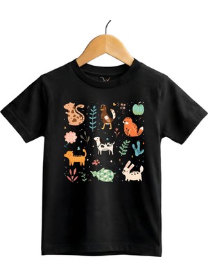 Widi Çizgi Hayvan Figürleri Baskılı Regular Fit %100 Pamuk Kısa Kollu Çocuk T-Shirt