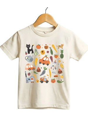 Widi Eğlenceli Yemek & Hayvan Illüstrasyonlu Regular Fit %100 Pamuk Kısa Kollu Çocuk T-Shirt