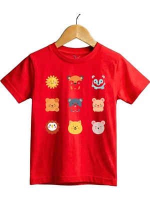 Widi Sevimli Hayvan Yüzleri Baskılı Regular Fit %100 Pamuk Kısa Kollu Çocuk T-Shirt