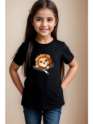 Widi Fermuarlı Sevimli Aslan Baskılı Kız Çocuk Erkek Çocuk %100 Pamuk Siyah T-Shirt