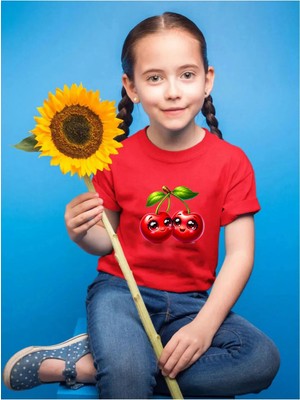 Widi Sevimli Kiraz Baskılı Çocuk %100 Pamuk Kırmızı T-Shirt