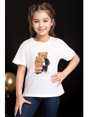 Widi Sevimli Çift Sevgili Ayı Tedy Cool Ayıcık Baskılı %100 Pamuk Erkek Çocuk Kız Çocuk Beyaz T-Shirt