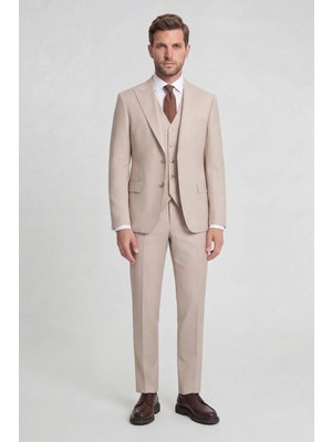 HC MEN CLASSIC Erkek Yelekli Takım Elbise Modern Fit Bej Düz