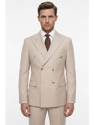 HC MEN CLASSIC Erkek Kruvaze Takım Elbise Modern Fit Bej Düz