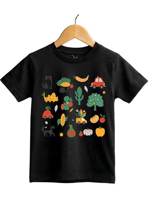 Widi Fun Mix Sebze, Meyve ve Hayvan Baskılı Regular Fit %100 Pamuk Kısa Kollu Çocuk T-Shirt