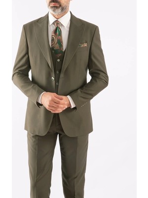 HC MEN CLASSIC Erkek Yelekli Takım Elbise Modern Fit Haki Düz