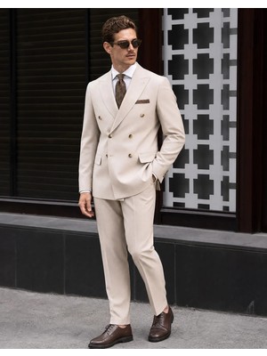 HC MEN CLASSIC Erkek Bej Kruvaze Takım Elbise Comfort Fit Sivri Yaka Minimal Dokulu