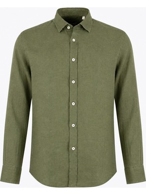 HC MEN CLASSIC Erkek Keten Gömlek Modern Fit Yeşil Gizli Düğmeli Yaka