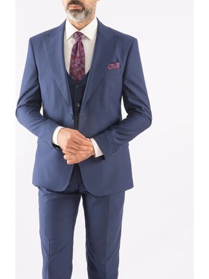 HC MEN CLASSIC Erkek Yelekli Takım Elbise Modern Fit Indigo Düz
