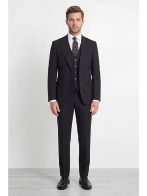 HC MEN CLASSIC Erkek Siyah Sivri Yaka Modern Fit Yelekli Takım Elbise