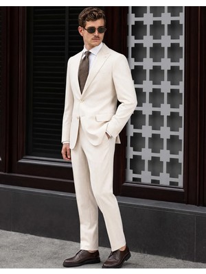 HC MEN CLASSIC Erkek Takım Elbise Modern Fit Ekru Silik Çizgili