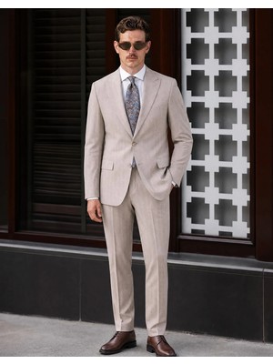 HC MEN CLASSIC Erkek Takım Elbise Modern Fit Vizon Çizgili