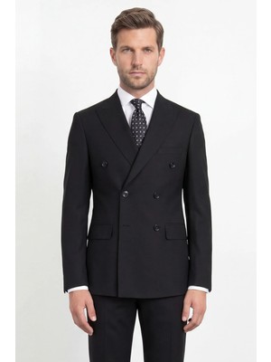 HC MEN CLASSIC Erkek Siyah Sivri Yaka Modern Fit Kruvaze Takım Elbise