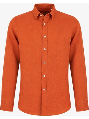 HC MEN CLASSIC Erkek Keten Gömlek Modern Fit Turuncu Gizli Düğmeli Yaka