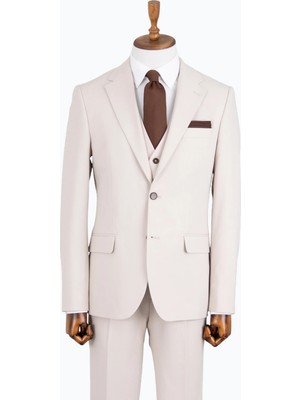 HC MEN CLASSIC Erkek Bej Mono Yaka Modern Fit Yelekli Takım Elbise
