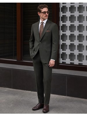 HC MEN CLASSIC Erkek Takım Elbise Modern Fit Haki Silik Çizgili