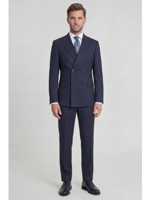 HC MEN CLASSIC Erkek Kruvaze Takım Elbise Modern Fit Lacivert Düz