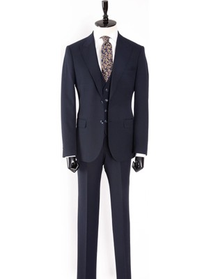 HC MEN CLASSIC Erkek Lacivert Kırlangıç Yaka Modern Fit Yelekli Takım Elbise