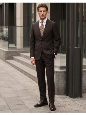 HC MEN CLASSIC Erkek Takım Elbise Comfort Fit Kahverengi Düz Gabardin