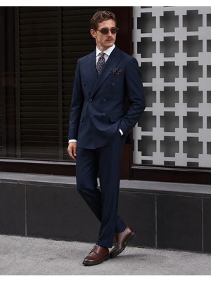 HC MEN CLASSIC Erkek Lacivert Kruvaze Takım Elbise Comfort Fit Sivri Yaka Minimal Dokulu