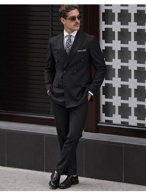 HC MEN CLASSIC Erkek Siyah Kruvaze Takım Elbise Comfort Fit Sivri Yaka Minimal Dokulu