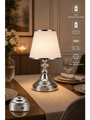 571 Store Şarj Edile Bilir Pilli Abajur Metal Ayak Kumaş Başlık 35 cm Yükseklik