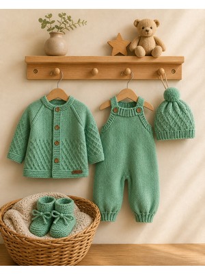Handmade %100 Pamuk Bebek Takımı 4’lü Set Hırka Tulum Patik Şapka Antialerjik 6-12 Ay Mint Yeşil