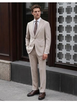 HC MEN CLASSIC Erkek Takım Elbise Comfort Fit Bej Düz Gabardin