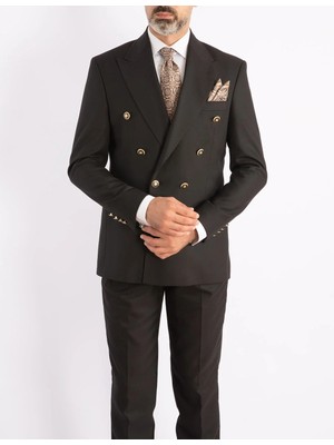 HC MEN CLASSIC Erkek Kruvaze Takım Elbise Modern Fit Siyah Pileli Pantolonlu