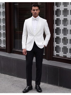 HC MEN CLASSIC Erkek Beyaz Şal Yaka Slim Fit Smokin Damatlık
