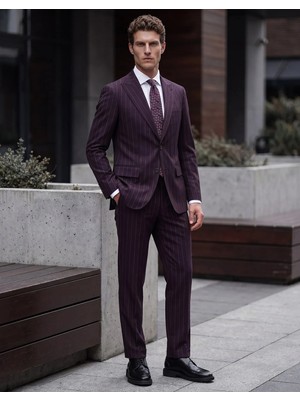HC MEN CLASSIC Erkek Takım Elbise Modern Fit Bordo Çizgili