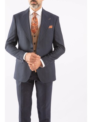 HC MEN CLASSIC Erkek Yelekli Takım Elbise Modern Fit Lacivert Çizgili