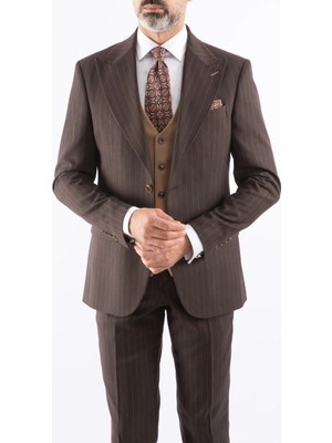 HC MEN CLASSIC Erkek Yelekli Takım Elbise Modern Fit Kahverengi Çizgili