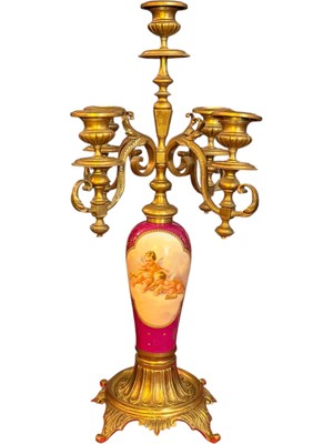 TT 42 cm Boyunda Fransız El Boyama Bronz Detaylı Porselen Şamdan