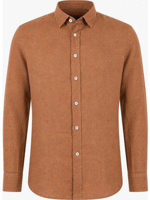 HC MEN CLASSIC Erkek Keten Gömlek Modern Fit Camel Gizli Düğmeli Yaka