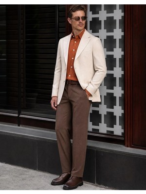 HC MEN CLASSIC Erkek Keten Casual Ceket Modern Fit Bej Sivri Yaka