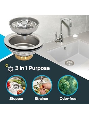Mutfak Lavabo Süzgeci 30003, Pirinç Eklemli, Paslanmaz Çelik Sepet, 8.9-10.2 cm Açıklık