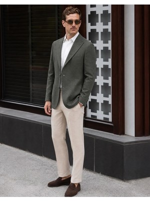 HC MEN CLASSIC Erkek Keten Casual Ceket Modern Fit Yeşil Sivri Yaka