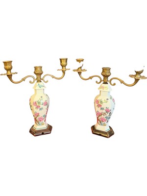 TT 27 cm Boylarında Fransız Bronz Detaylı Porselen Şamdan Çifti