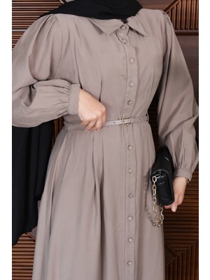 Miramore Butik Kemerli Balon Kol Gömlek Yaka Elbise