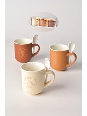 Porselen Kaşıklı Kupa Seti, 200ML, 3'lü Set (3 Kupa + 3 Kaşık), Kahve Temalı Desenli, Krem, Açık Kahve ve Kahverengi Renkler