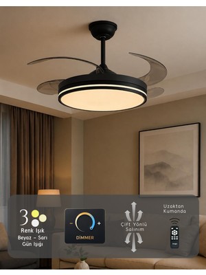 Hoogar German Black Kuhle Tavan Vantilatörü 3 Renk LED Gizli Pervaneli Kumandalı Dimmer Ayarlı Bl Sistem Isınmaz Motor