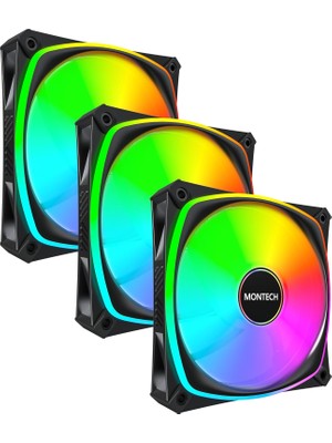 Montech RX120 Pro Argb Pwm 120MM Fan 3'lü Paket, Üst Düzey, Ters Bıçak, 360° Argb Aydınlatma, Tüfek Yataklı, Sessiz Düşük Gürültülü, 600–1600 Rpm, Fan Göbeği Dahil, Reverse Fan, Siyah Renk