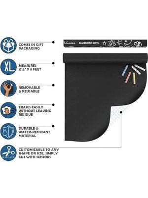 Büyük Kara Tahta Temas Kağıdı Rulosu, 200CM x 45CM Yapışkanlı Kara Tahta Duvar Stickerı, Temizlik Bezi ve 5 Renk Tebeşir Hediyeli, Çıkarılabilir Kara Tahta Ofis Okul Ev Mutfak