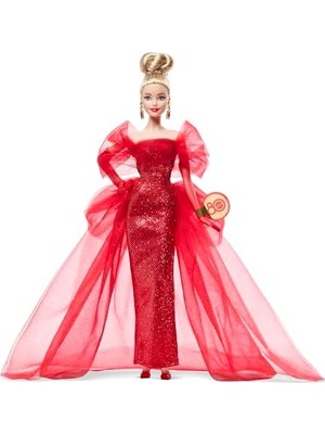 Işıltılı Kırmızı Tül Elbisesi, Damla Küpeleri ve Tül Eldivenleri ile Sarı Saçlı Bebek, Koleksiyona Uygun Mattel 80. Yıl Dönümü Bebeği, JBJ17