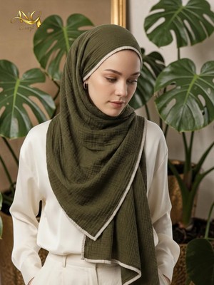 Ang-Scarf 75 x 180 Haki Renk Müslin Şal - Ağırlık Yapmaz - Ütü Gerekmez - Dört Mevsim Kullanıma Uygun - Kayma Yapmaz